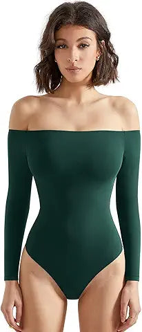 SUUKSESS Women Off the Shoulder Long Sleeve Bodysuit Top Double Lined Sexy Thong Bodysuits