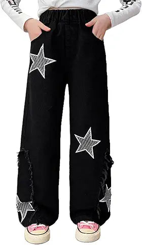 Milokado Kids Girls Washed Elastic Waist Star Print Straight Wide Leg Jeans Kids Clothes S