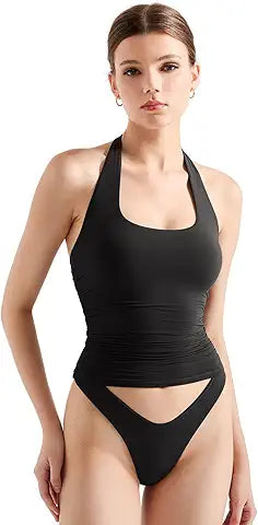 SUUKSESS Women Halter Tank Tops Double Lined Basic Backless Y2K Trendy Going Out Tops (Bla