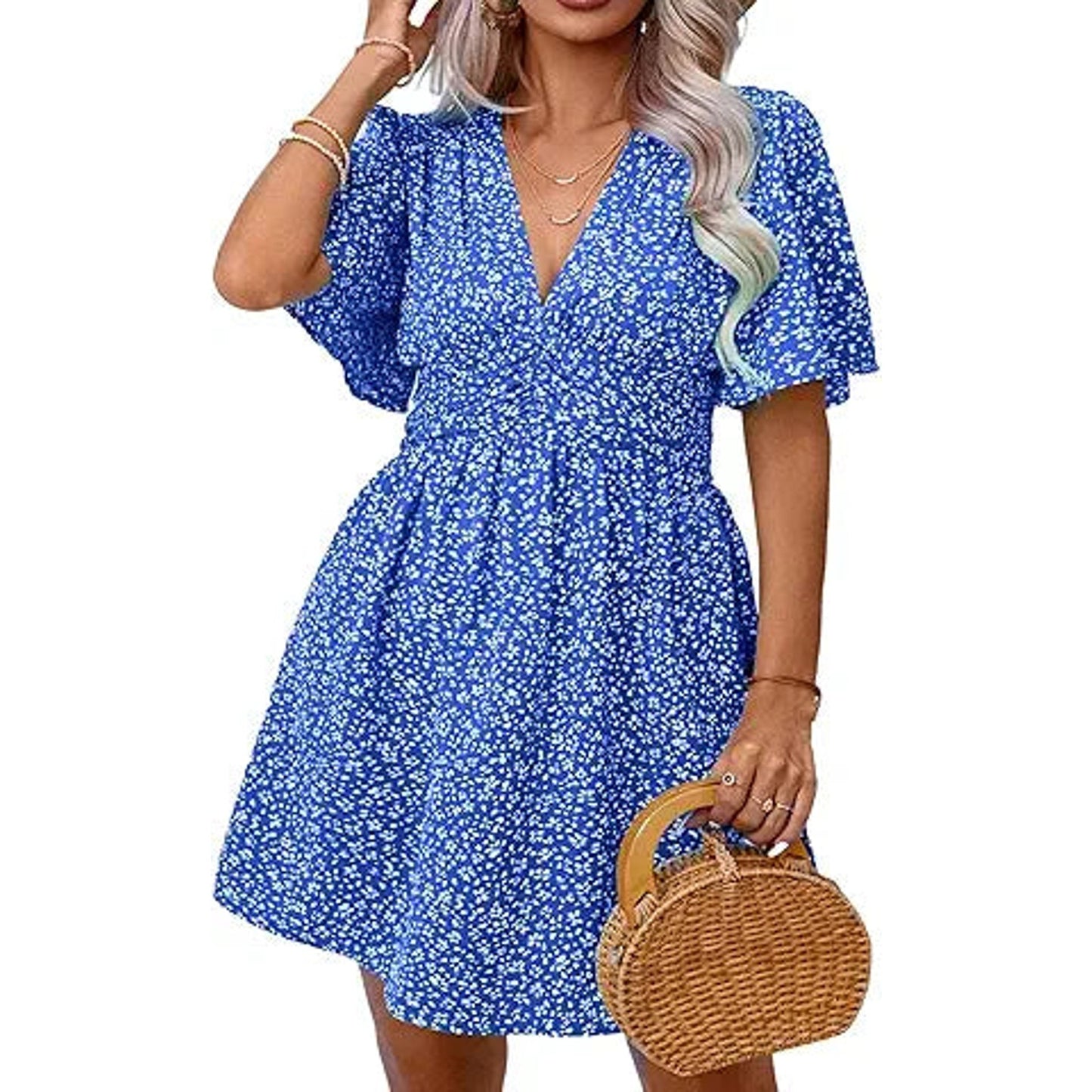 Floerns Women's Plus Size Wrap V Neck Short Sleeve Ruffle Hem A Line Short Dress Royal Blu
