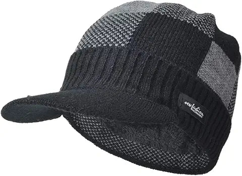 Ruphedy Mens Beanie with Brim Winter Hat Knitted Thick Fleece Visor Beanie with Bill B5042