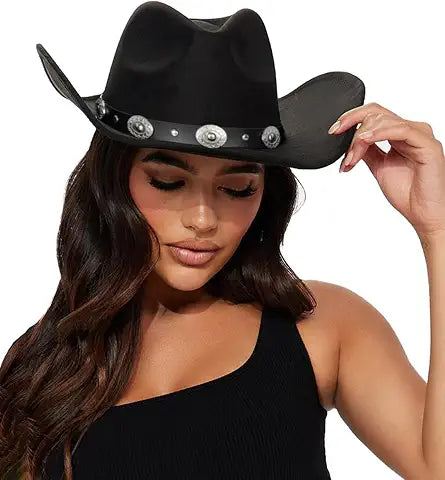 Eohak Womens Western Cowboy Hats Studded Pinched Western Cowgirl Hats Wide Brim Fedoras Ha