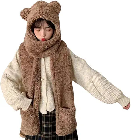Women Winter Cute Cartoon Bear Ear Hat Warm Women Hoodie Hat Long Scarf Gloves Soft Plush