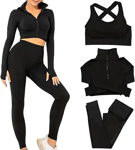 SINBRLAI Women's 3pcs Seamless Workout Outfits Sets, Yoga Sportswear Tracksuit Leggings an