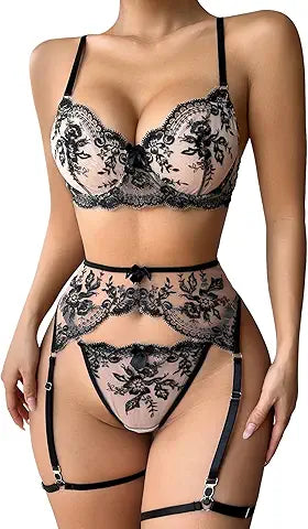 Lilosy Sexy Floral Embroidery Mesh Sheer Underwire Push Up Garter Belt Lingerie Set Women