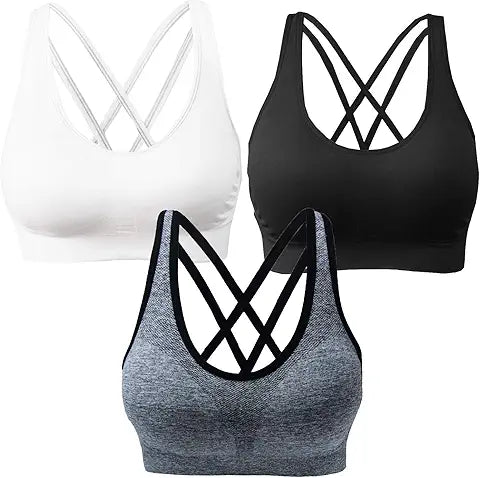 AKAMC Women's Medium Support Cross Back Wirefree Removable Cups Yoga Sport Bras, Pack of 3