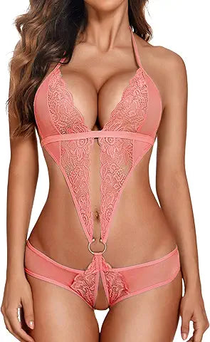 Avidlove Womens Sexy Lingerie Lace Teddy One Piece Bodysuit Pink