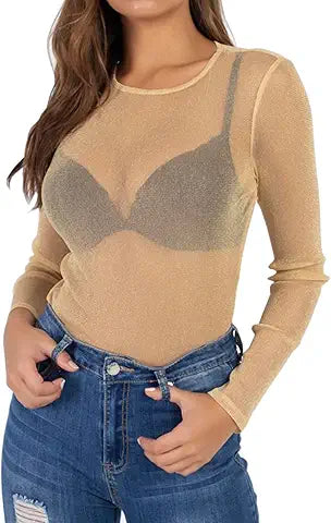 BelleLovin Women's Sheer Mesh Tops Long Sleeve Glitter Sexy Tops See Through Blouses (1103