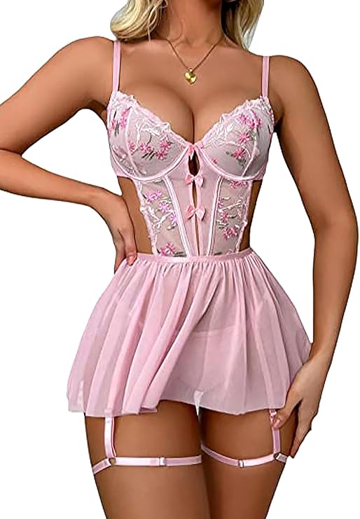 SEXYTINE Women Sexy Lingerie Mesh Babydoll Sleepwear V Neck Underwire Chemise Strap Nightg