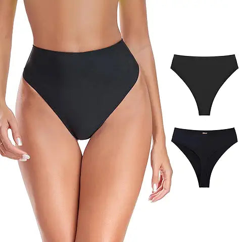 RELLECIGA Women's Black High Waisted High Cut Thong Bikini Bottom Size X-Large