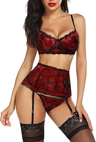 Avidlove Lingerie For Women High Waisted Lingerie Set with Garter Underwire Push Up Bra an