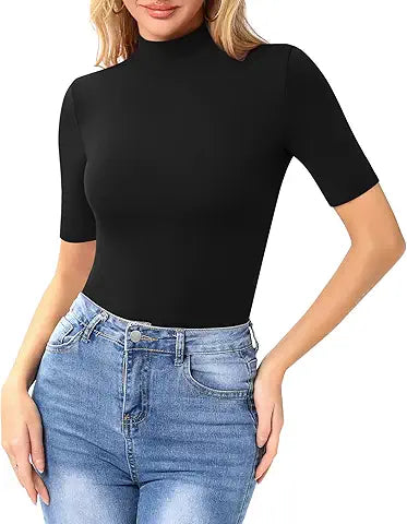 MANGOPOP Women's Mock Turtle Neck Slim Fit Half Elbow Short 3/4 Sleeve T Shirts Tight Tops