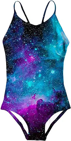 9-10 Years Girls One Piece Swimsuit Cute Blue Galaxy Sky Halter Btahing Suit for Beach
