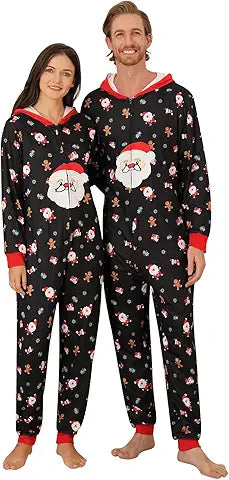 Christmas Matching Pajamas for Couples Men Women Stripe Plaid Hooded One Piece Pjs Elk San