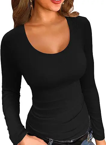 VICHYIE Fall Long Sleeve Shirts for Women Scoop Neck Top Ribbed Henley Slim Fitted Tee Sex