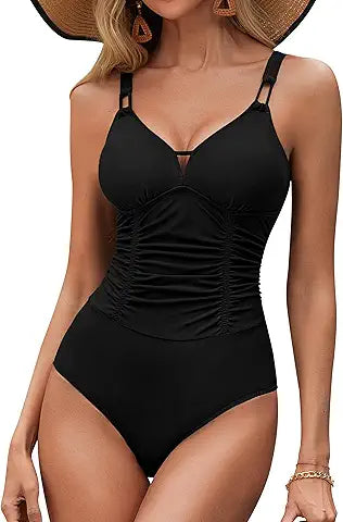 BMJL Women's Tummy Control Swimsuit Modest V Neck Black One Piece Bathing Suit Ruched Adju