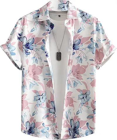 OYOANGLE Men's Tropical Print Button Down Short Sleeve Collared Hawaiian Vacation Shirt Pi