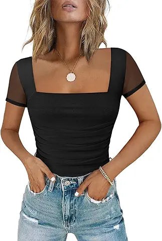 Chunpin Women's Square Neck Mesh Short Sleeve Bodysuit Outfits Tops Sexy Thong Bodysuit Bl
