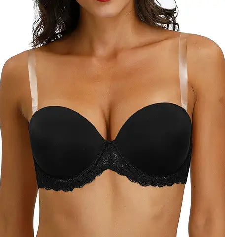 HWDI 38C Strapless Plus Size Bra with Transparent Straps Clear Back Convertible Lace Black