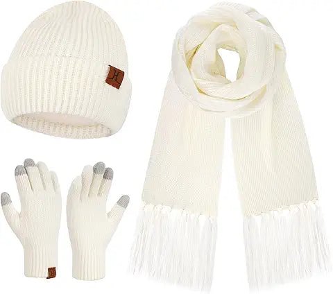 Womens Winter Hats Long Scarf Touch Screen Gloves Set Knit Warm Beanie Hat Scarves Gloves