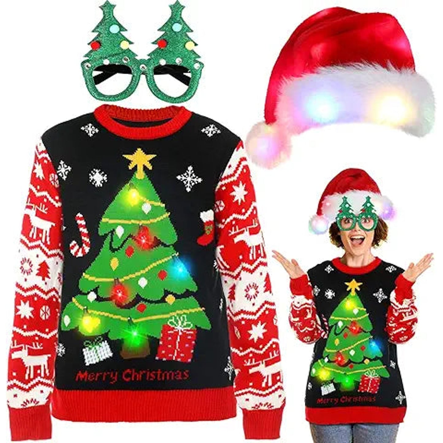 Liitrsh Women Light Up Ugly Christmas Sweater Reindeer Santa Tree Knitted Funny Sweater fo