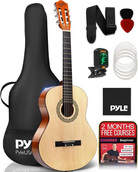 Pyle Beginner Acoustic Guitar Kit, 3/4 Junior Size All Wood Instrument for Kids, Adults, 36" Natural Ash