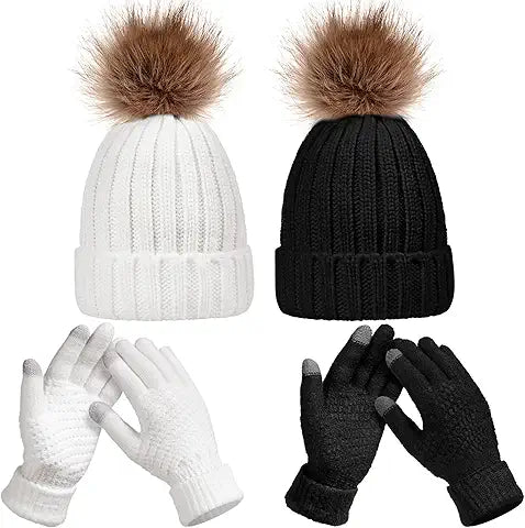 4 Pieces Winter Hat and Gloves Set Women Beanie Hat Gloves Skull Cap Touchscreen Gloves fo