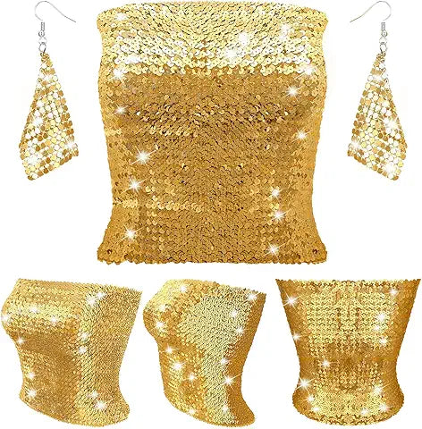 Women's Sparkly Sequin Crop Tops Strapless Metallic Tube Tops with Metal Mesh Drop Dangle