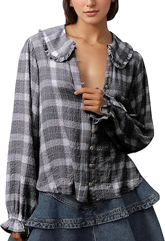 Women Plaid Shirts Button Down Long Sleeve Blouse Ruffle Lapel Collared Cute Babydoll Colo