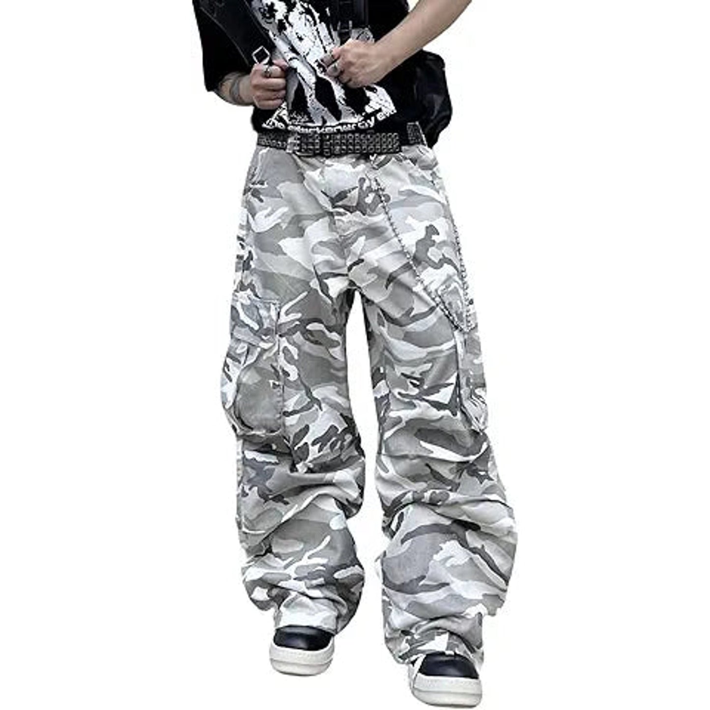 DFGIGT Mens Baggy Cargo Jeans Casual Fashion Wide Leg Denim Cargo Pants with Pockets Hip H