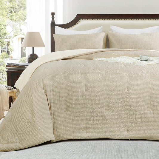 3 Piece Seersucker Oversized King Comforter Set 98x120, Breathable