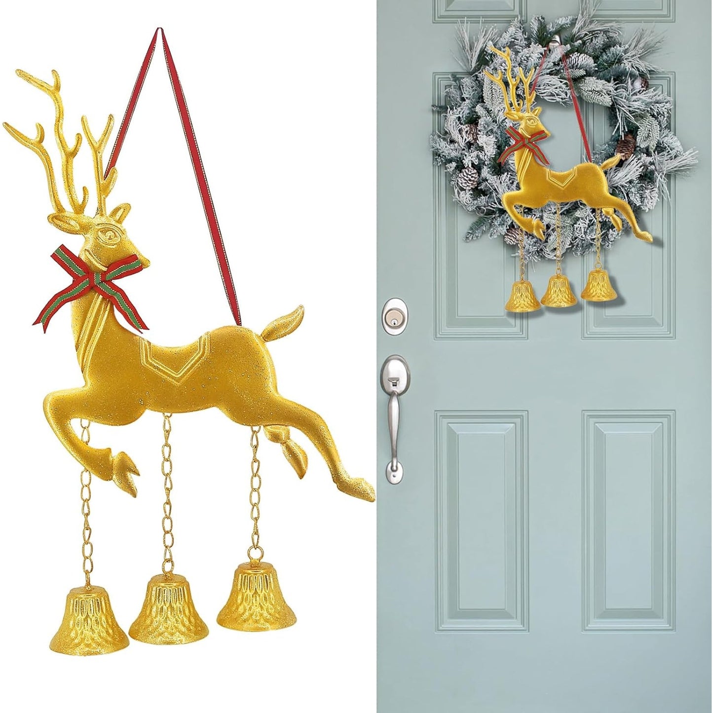 MINHOU-MINFEI Christmas Bells, Gold Metal Reindeer with 3 Jingle Bells Christmas Decoration Indoor for Tree Wreath Front Door Mantle