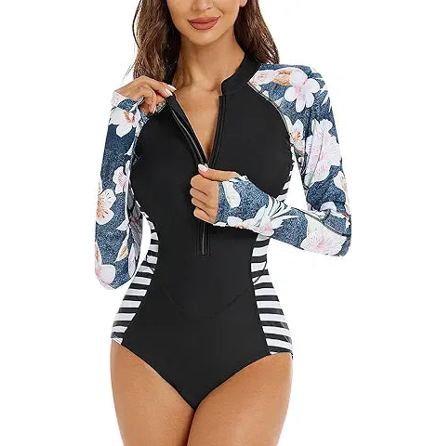 Womens Long Sleeve One Piece Swimsuit Rash Guard UV UPF 50+ Sun Protection Printed Zipper
