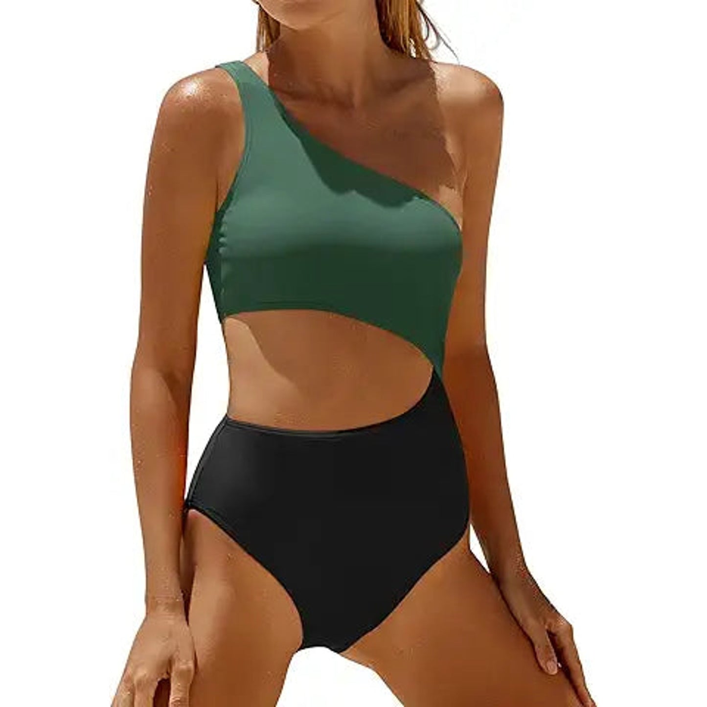 Yonique Women's One Piece Bathing Suit One Shoulder Swimsuit Cutout Swimwear Monokini Gree