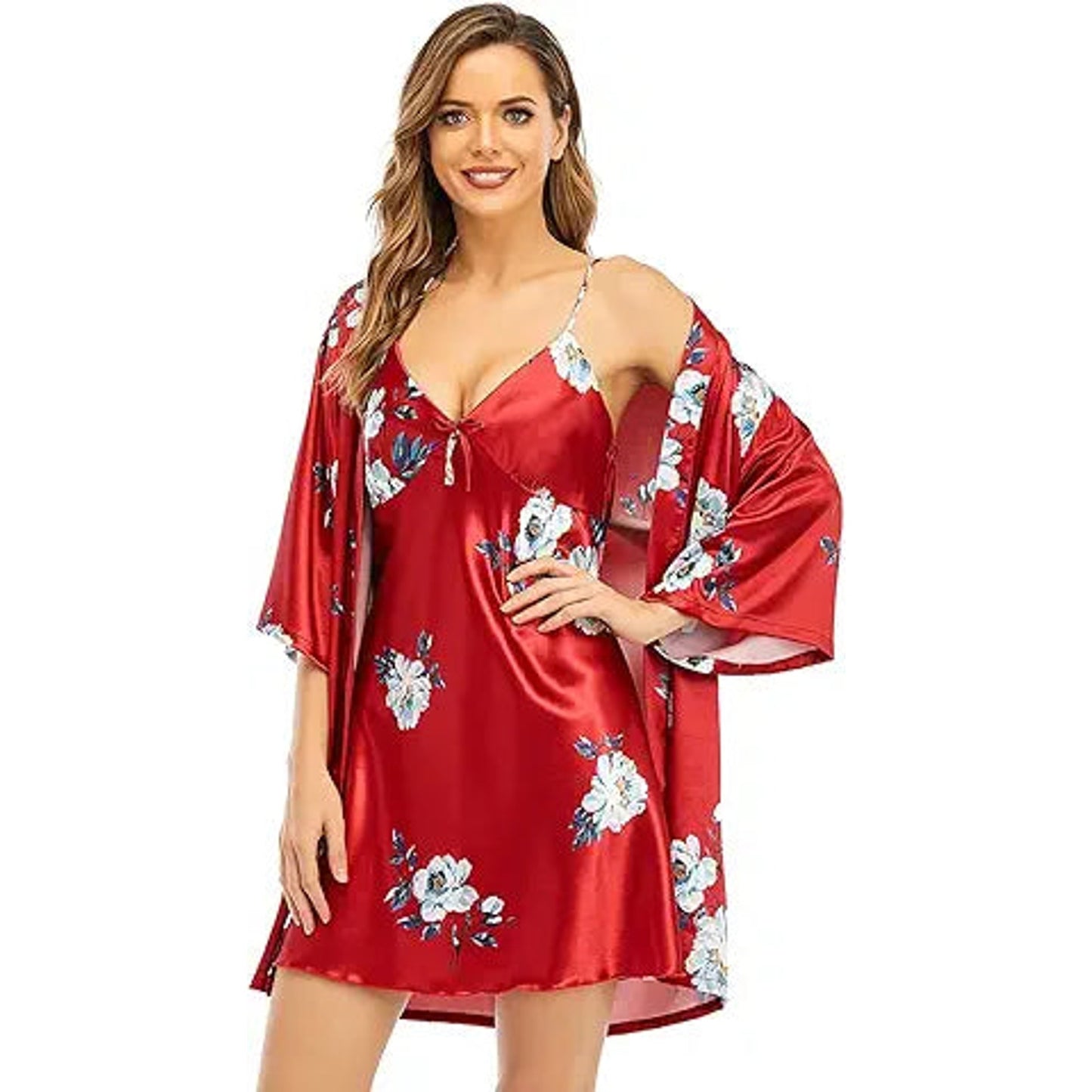 Escalier Women's Silk Satin Pajamas Sets 2Pcs Floral Silky Pj Robe Set with Chemise Nightg