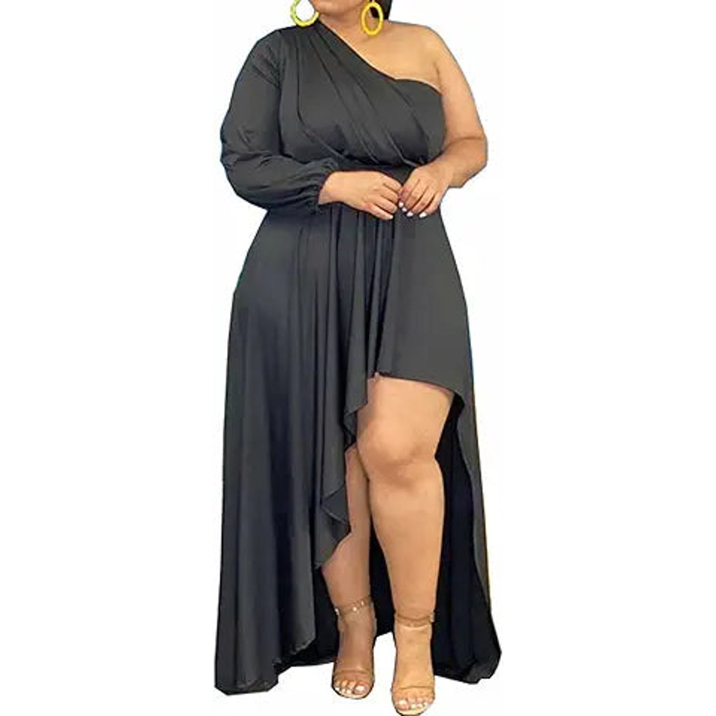 Ekaliy Women's Plus Size One Shoulder Maxi Dress Long Sleeve High Low Irregular Hem Flowy