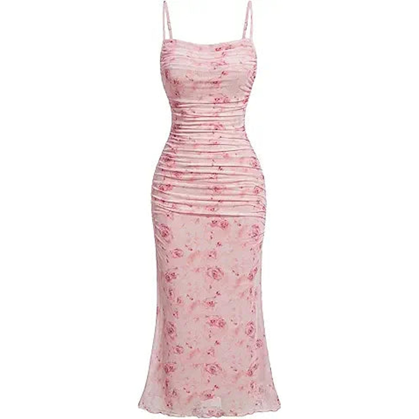 GORGLITTER Women's Floral Ruched Bodycon Midi Dress Mesh Sleeveless Fishtail Cami Dresses