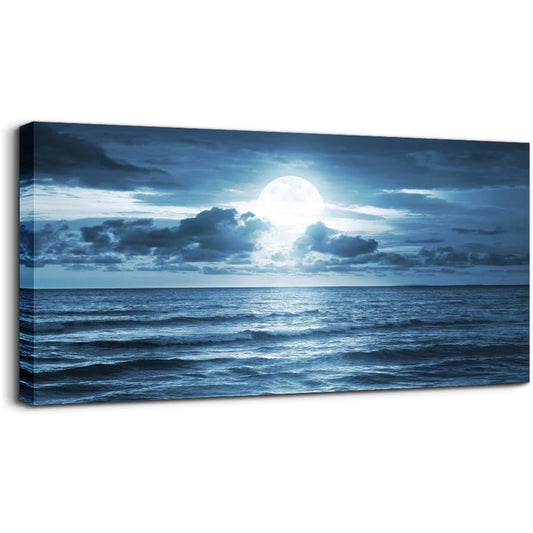 wall art for living room Decorations Photo Prints - blue sea view The moon Landscape - Modern Home Decor The room Stretched and Framed Ready to Hang artwork (Blue Ocean&Moon, 30x 60inch x 1pcs)